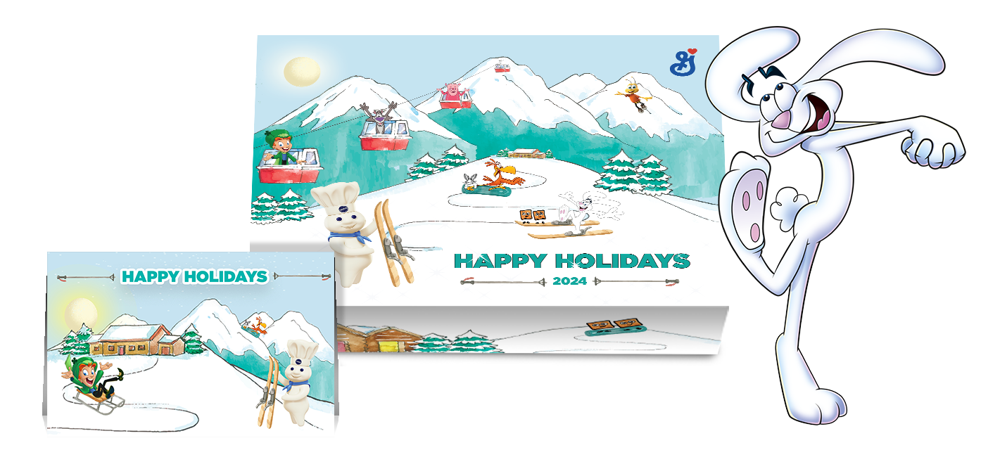 A Holiday Gift Card displaying a snowy landscape with Lucky the Leprechaun sliding down on a sleigh, Sonny the Cuckoo Bird and Annie´s Bunny on a snowboard and Doughboy with skis, next to a Holiday Gift Box displaying a snowy landscape with General Mills characters, with Trix Bunny to the right.