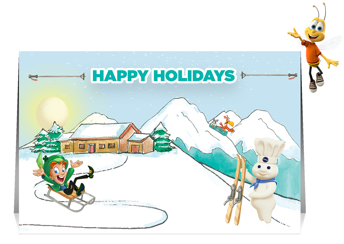 A Holiday Gift Card displaying a snowy landscape with Lucky the Leprechaun sliding down on a sleigh, Sonny the Cuckoo Bird and Annie´s Bunny on a snowboard and Doughboy with skis, Buzz Bee on the top right corner.