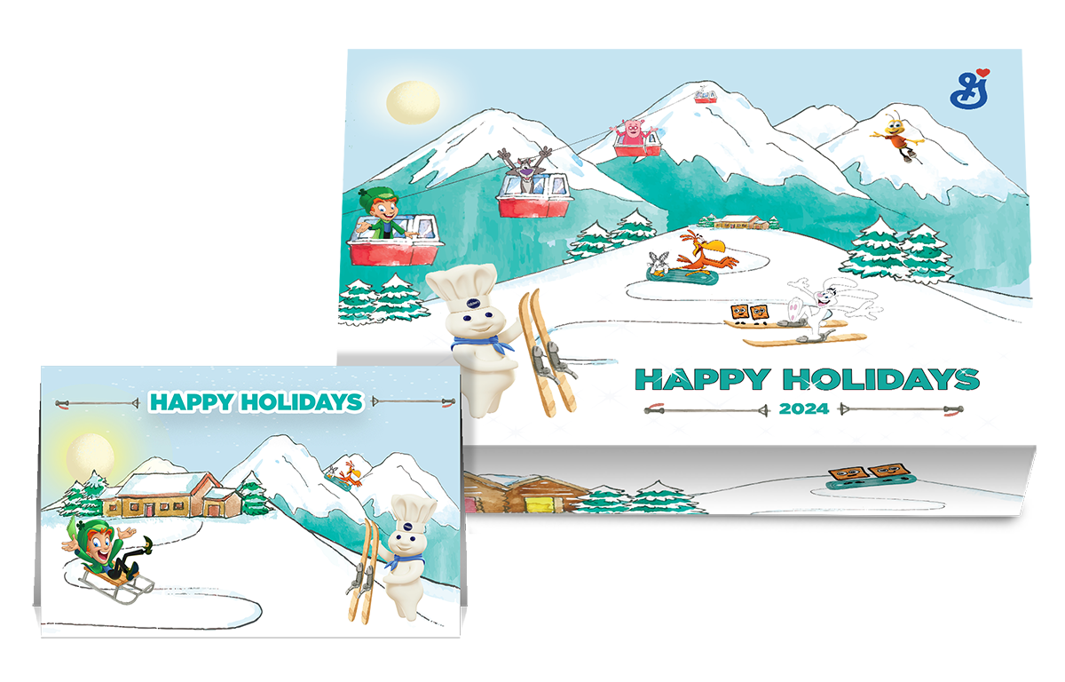 A Holiday Gift Box and a Holiday Gift Card each with a snowy landscape and General Mills characters.