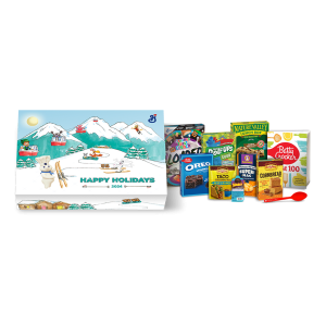 A Holiday Gift Box with a snowy landscape and General Mills characters.