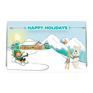 A Holiday Gift Card with a snowy landscape and General Mills characters.