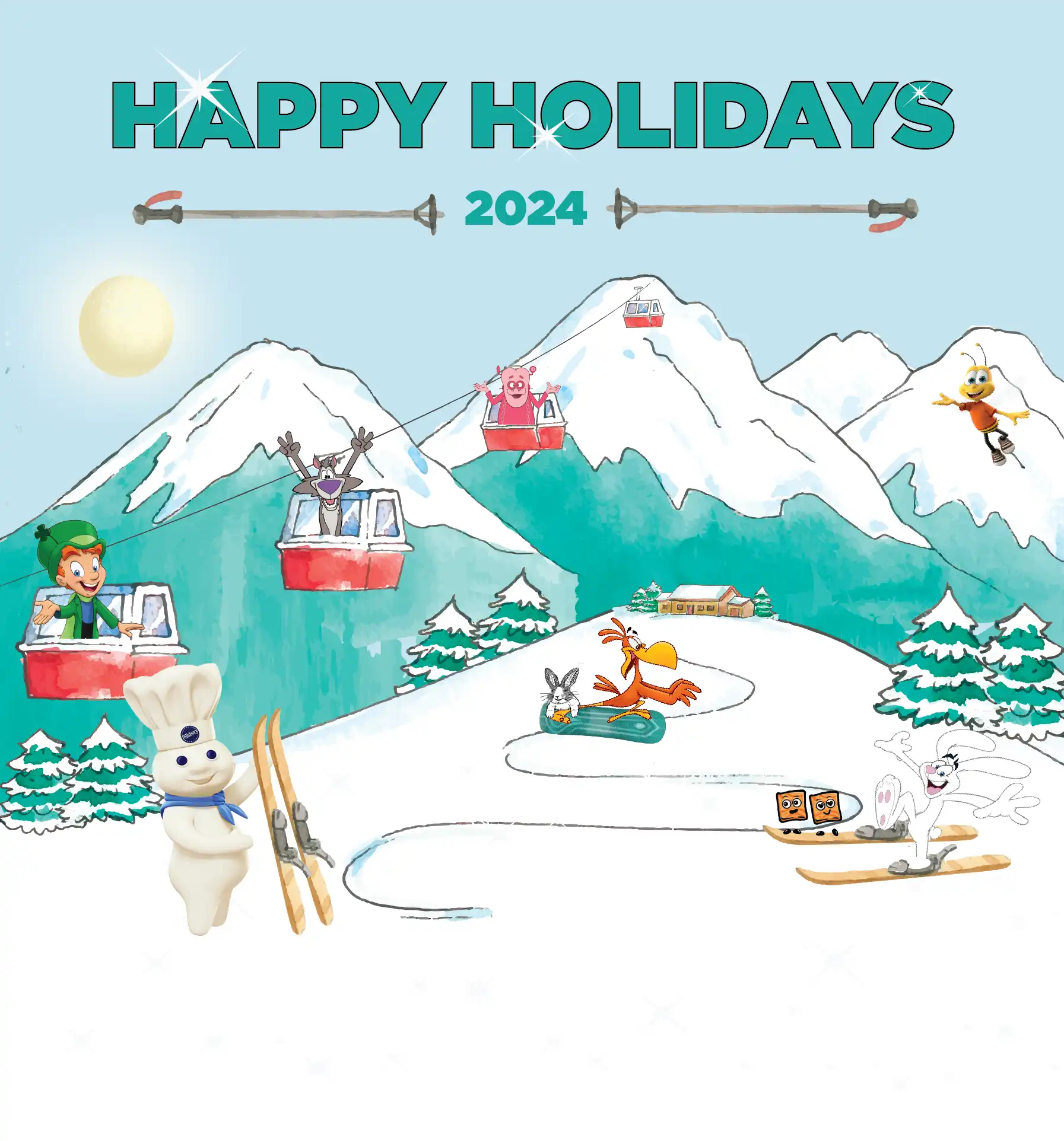 A snowy landscape with four gondolas featuring General Mills characters: Lucky the Leprechaun, Chip the Wolf, and Franken Berry. Buzz Bee is flying, Sonny the Cuckoo Bird and Annie’s Bunny are snowboarding, the Doughboy is skiing, and Trix Rabbit is with two Cinnamojis sliding on skis.