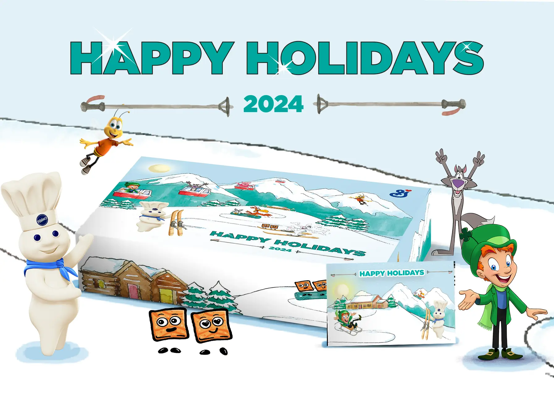 A snowy landscape with Doughboy, Trix Bunny, Buzz Bee, Chip the Wolf, Lucky the Leprechaun, Cinnamon Toast Cinnamojis, a Holiday Gift Box and a Holiday Gift Card displayed in the snow.