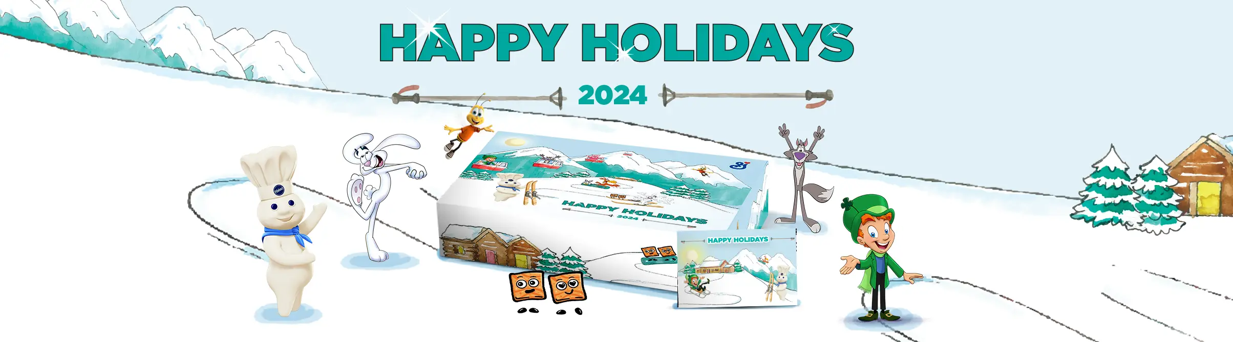 A snowy landscape with Doughboy, Trix Bunny, Buzz Bee, Chip the Wolf, Lucky the Leprechaun, Cinnamon Toast Cinnamojis, a Holiday Gift Box and a Holiday Gift Card displayed in the snow.