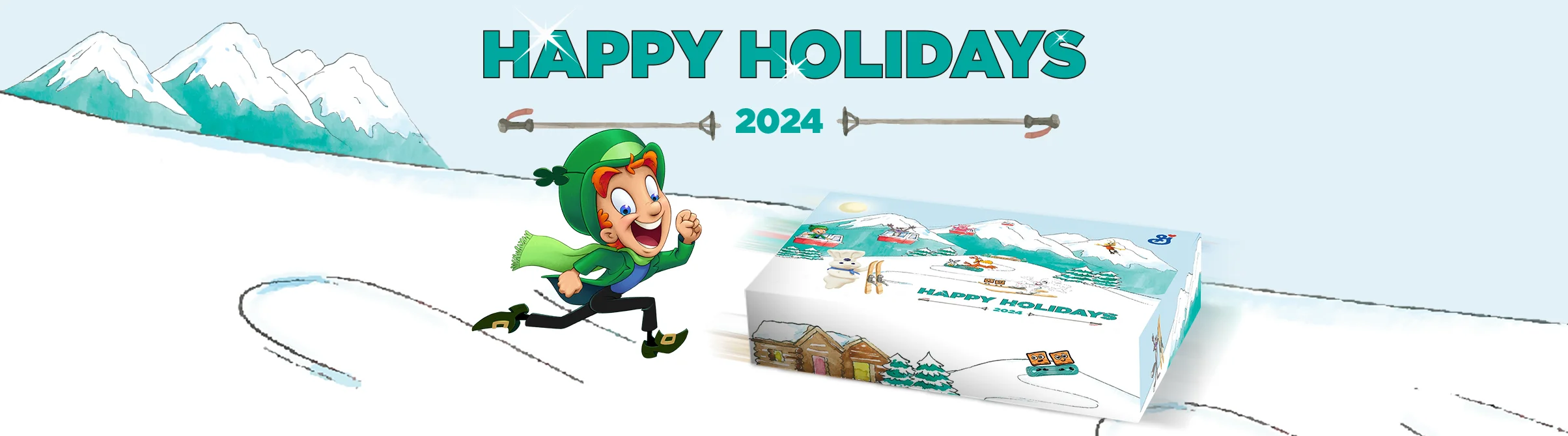 A snowy landscape with Lucky the Leprechaun running down the mountain behind the Holiday Gift Box.