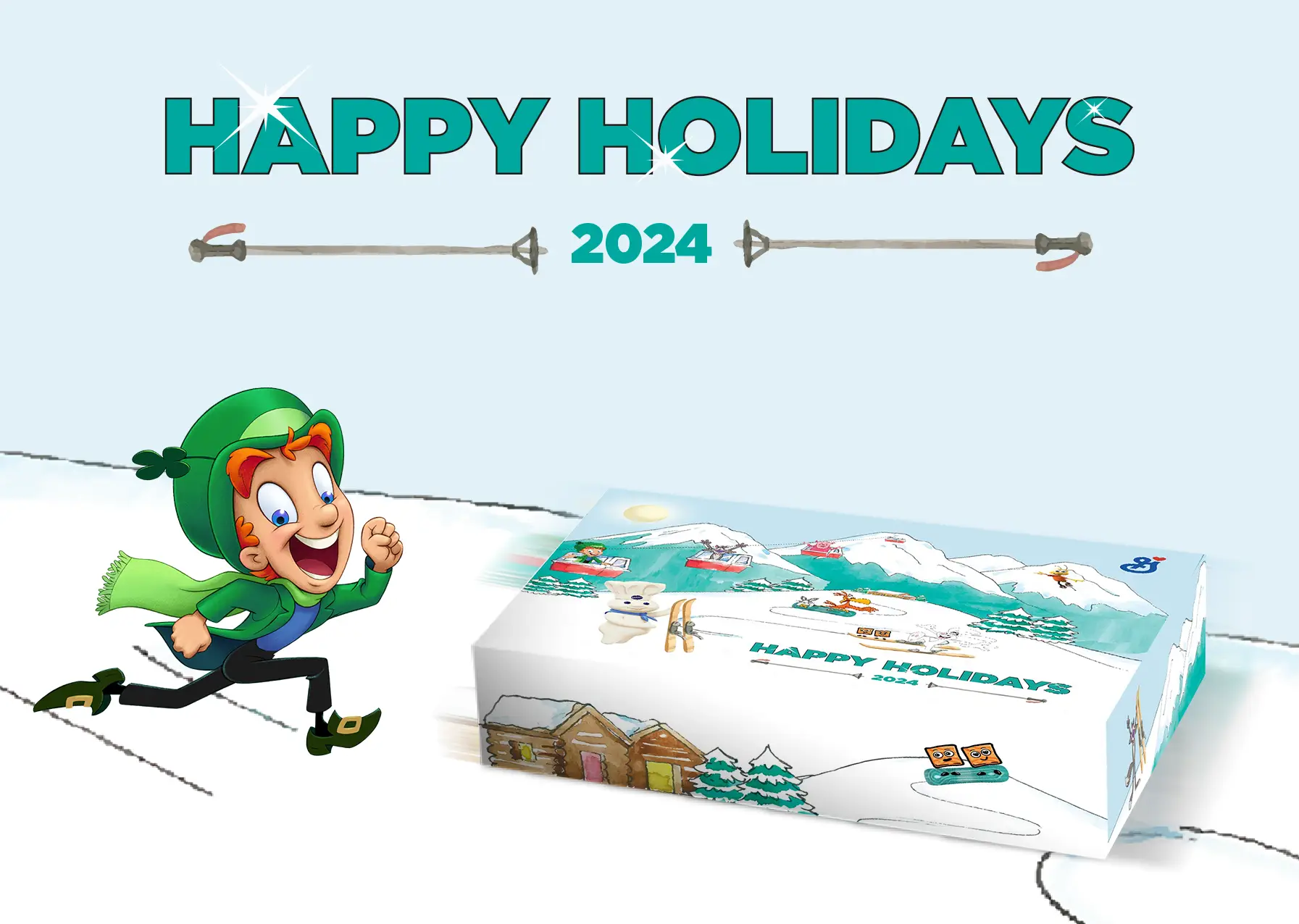 A snowy landscape with Lucky the Leprechaun running down the mountain behind the Holiday Gift Box.