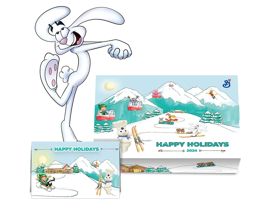 A Holiday Gift Card displaying a snowy landscape with Lucky the Leprechaun sliding down on a sleigh, Sonny the Cuckoo Bird and Annie´s Bunny on a snowboard and Doughboy with skis, next to a Holiday Gift Box displaying a snowy landscape with General Mills characters, with Trix Bunny to the right.