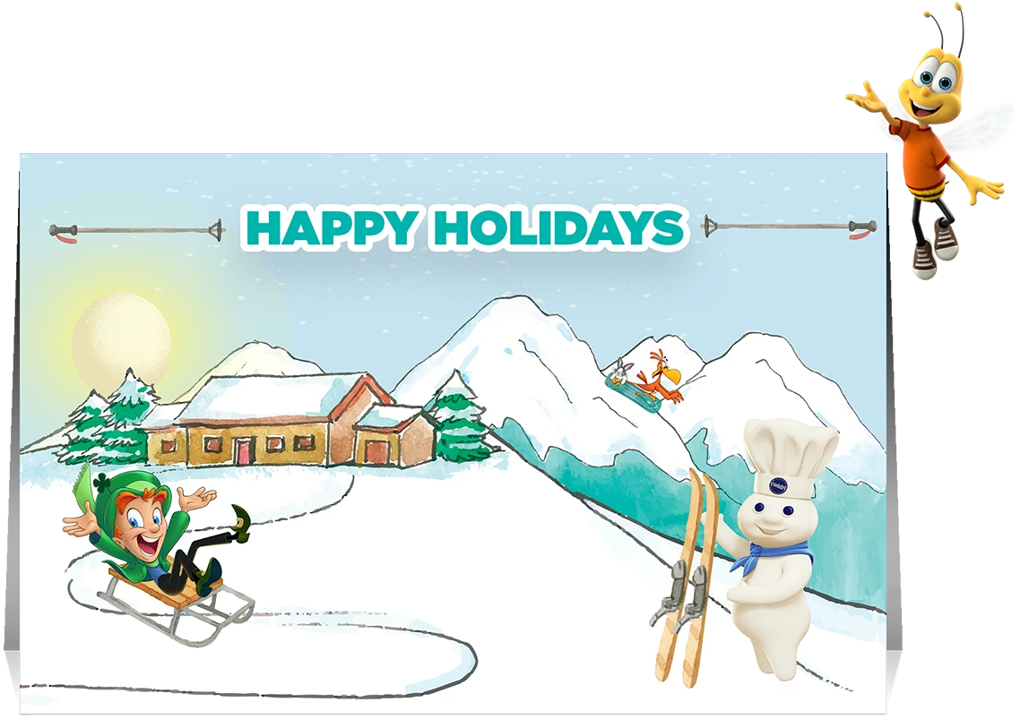 A Holiday Gift Card displaying a snowy landscape with Lucky the Leprechaun sliding down on a sleigh, Sonny the Cuckoo Bird and Annie´s Bunny on a snowboard and Doughboy with skis, Buzz Bee on the top right corner.