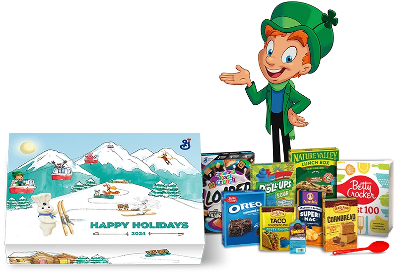 Lucky the Leprechaun next to a bundle of General Mills products , a Betty Crocker Cookbook, and the Holiday Gift Box.