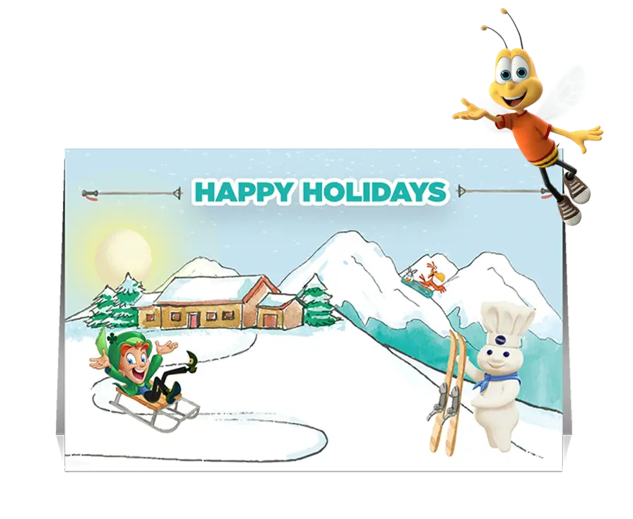 A Holiday Gift Card displaying a snowy landscape with Lucky the Leprechaun sliding down on a sleigh, Sonny the Cuckoo Bird and Annie´s Bunny on a snowboard and Doughboy with skis, Buzz Bee on the top right corner.