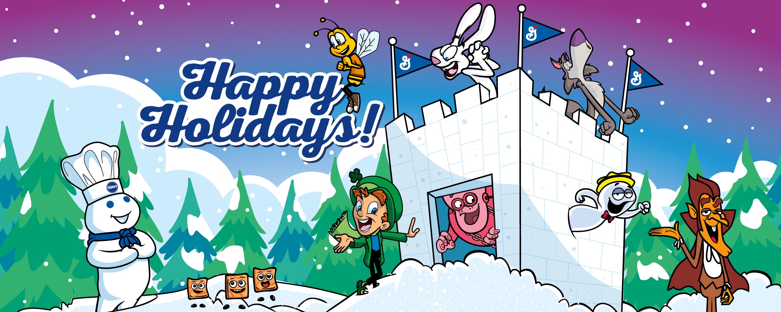 A snowy scene featuring General Mills characters with the text "Happy Holidays!"