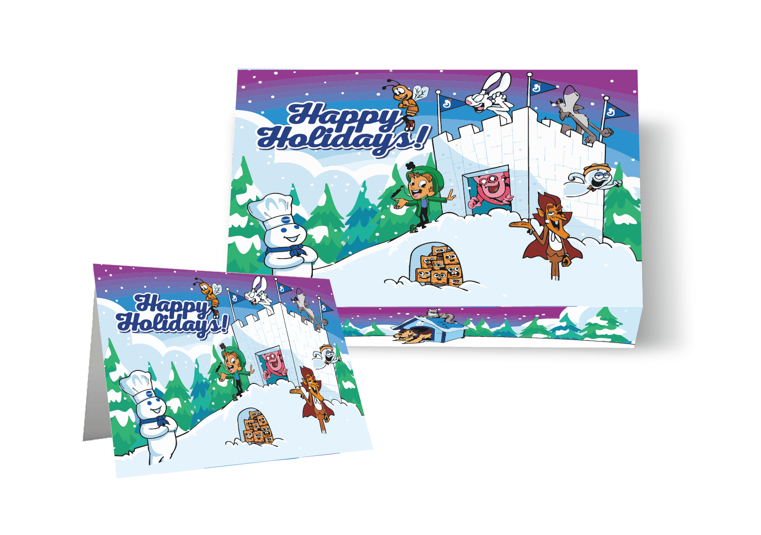 A Holiday Gift Box and a Holiday Gift Card each with a snowy landscape and General Mills characters.