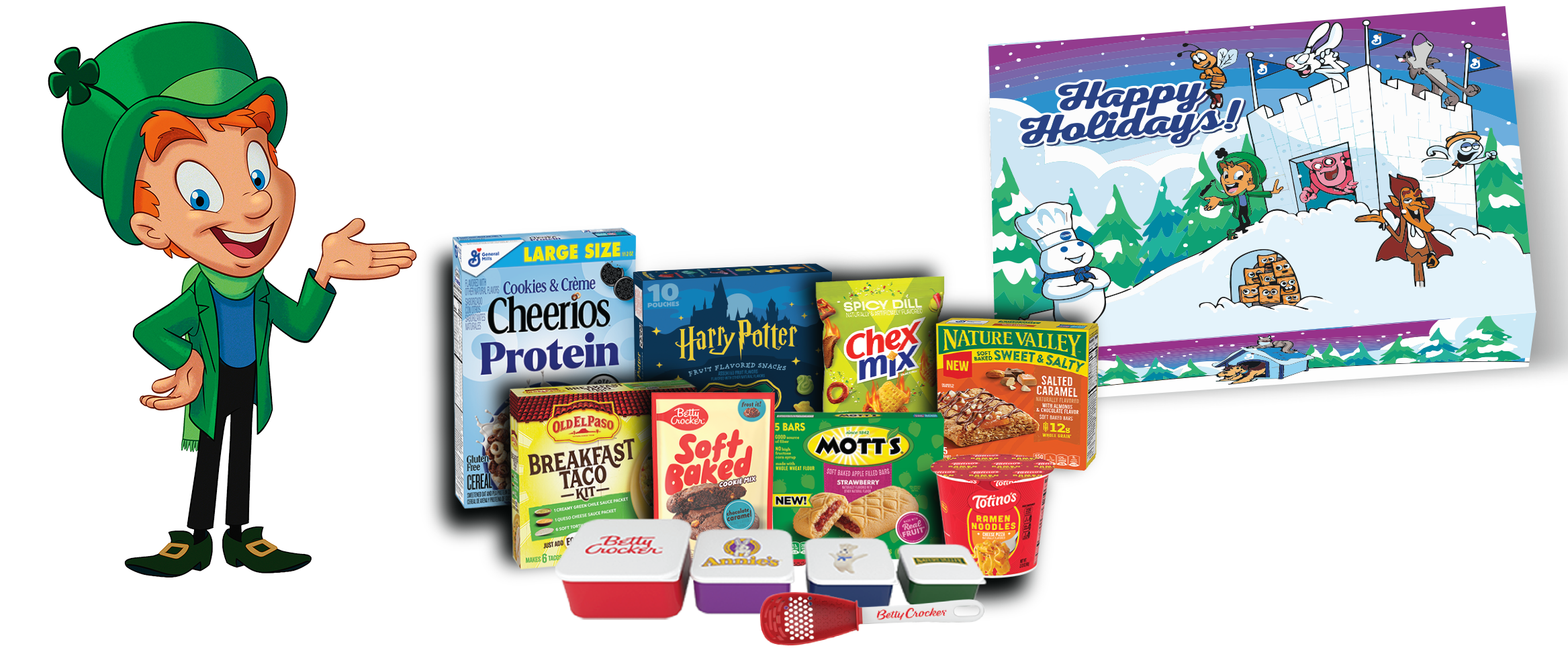 Lucky the Leprechaun next to a bundle of General Mills products and the Holiday Gift Box.