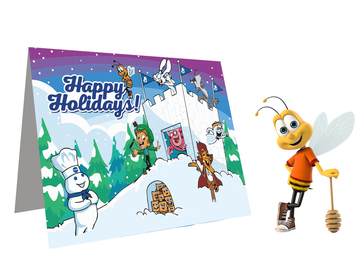 A Holiday Gift Card displaying a snowy scene with General Mills characters, with Buzz the Bee beside it.