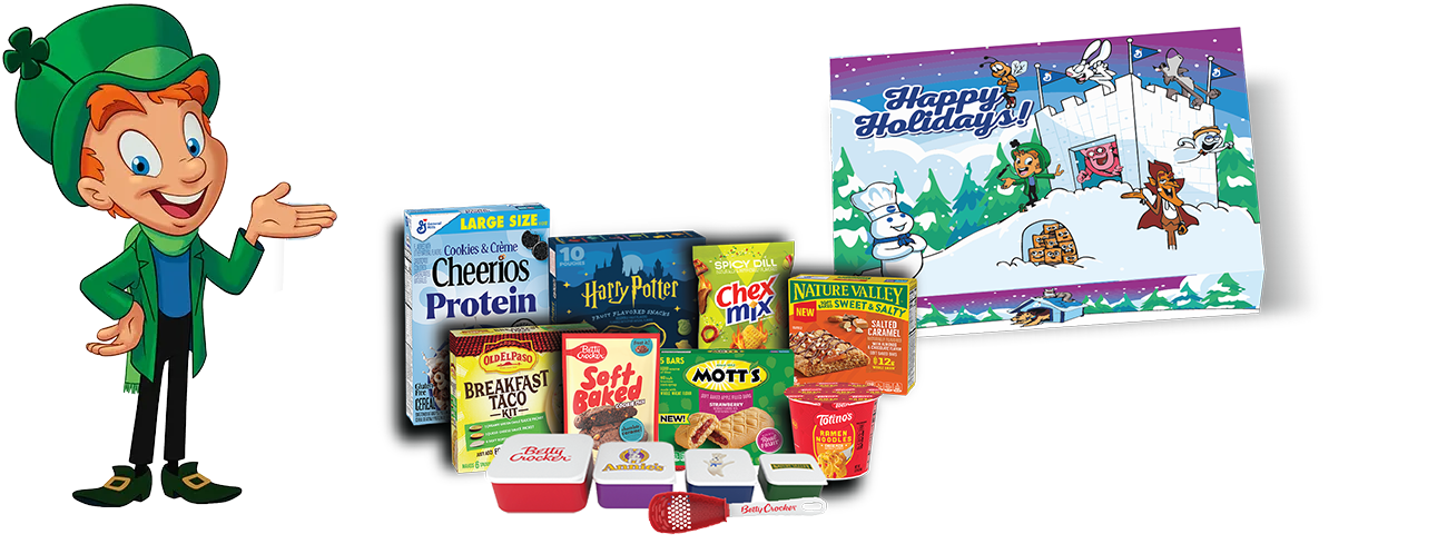 Lucky the Leprechaun next to a bundle of General Mills products and the Holiday Gift Box.
